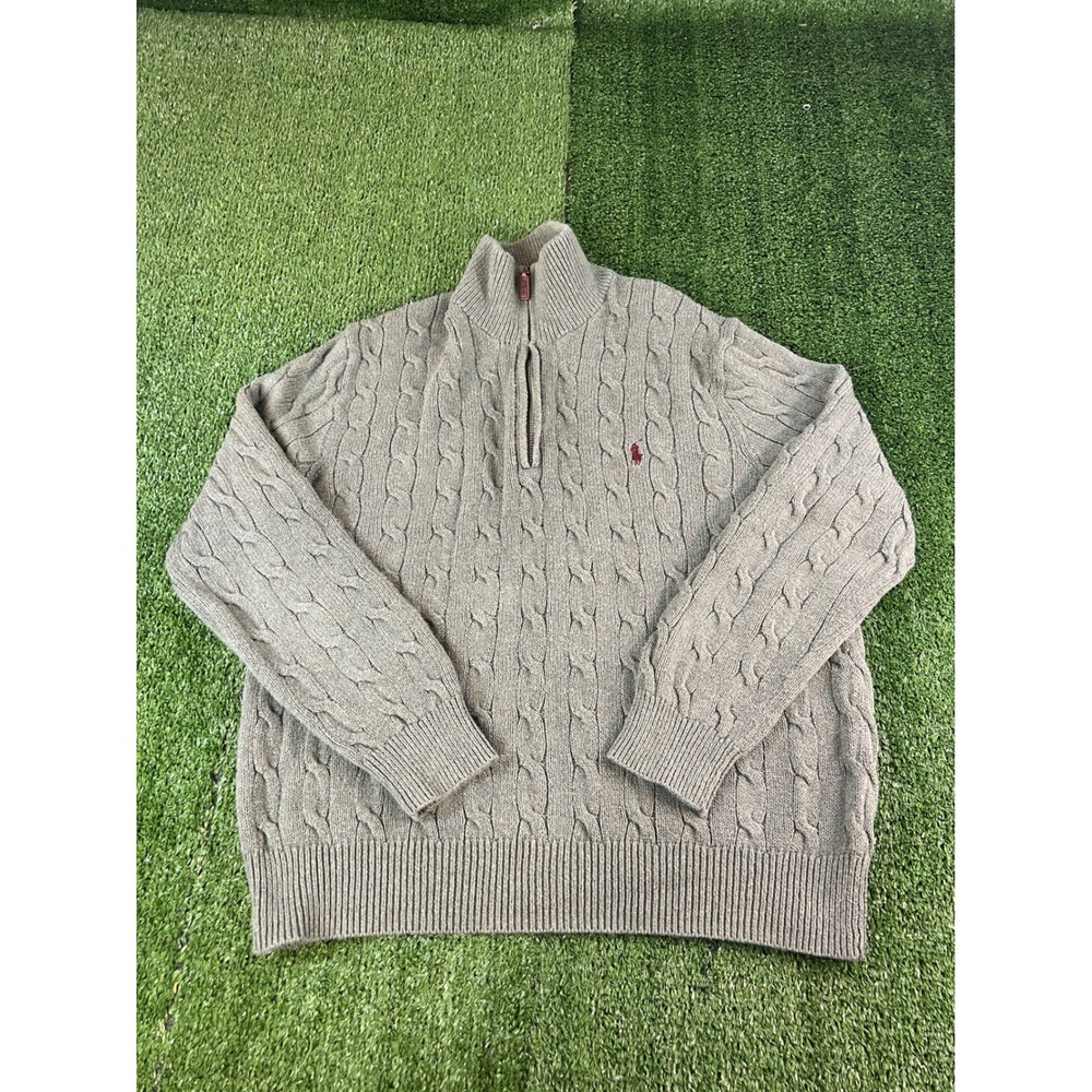 Polo Ralph Lauren Sage Green Cable Knit Quarter Zip Cotton Sweater Womens L